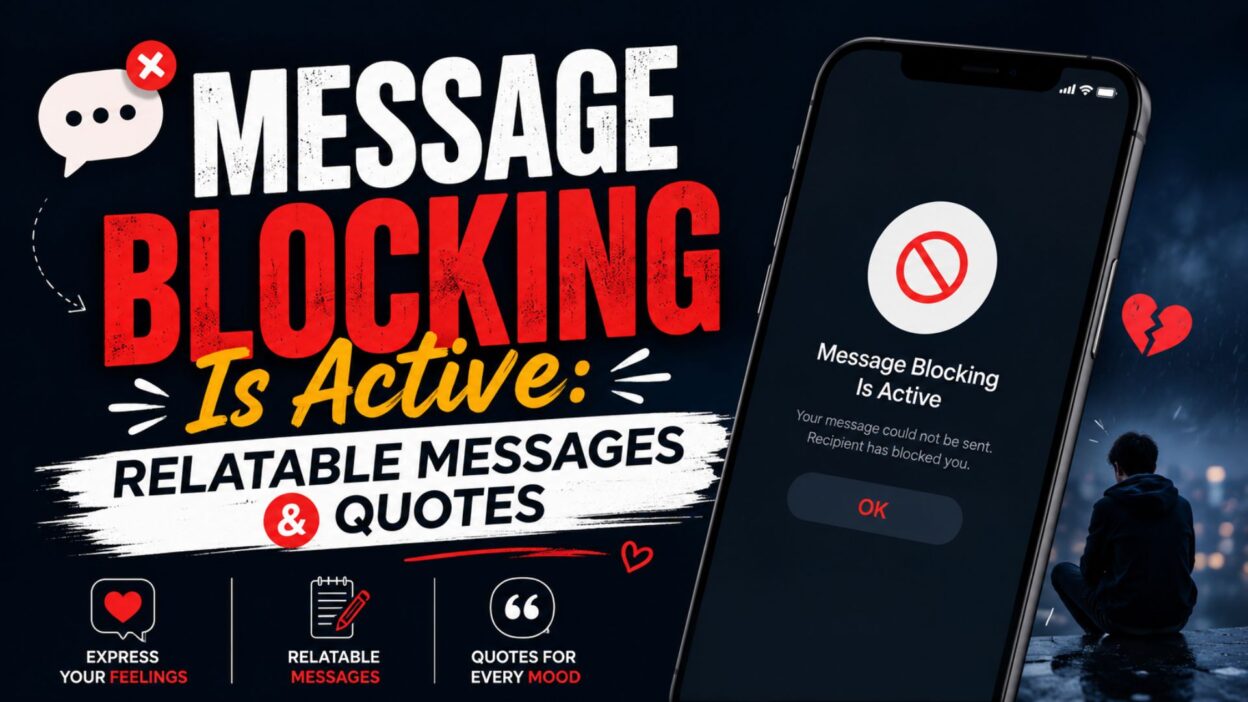 Message blocking is active banner with phone notification, broken heart icon, and emotional dark theme design