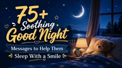 Soothing good night messages banner with moonlit bedroom, teddy bear, and cozy sleep-inspired night scene
