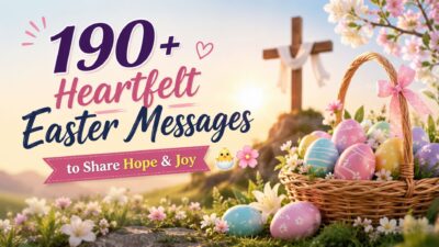 Heartfelt Easter messages banner with colorful Easter eggs, spring flowers, and a cross symbolizing hope and joy