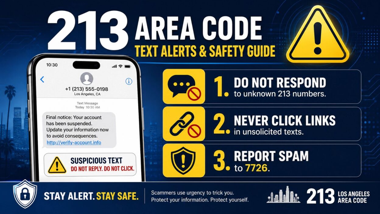 213 area code text message safety guide infographic with tips to avoid scams and report spam to 7726.