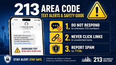 213 area code text message safety guide infographic with tips to avoid scams and report spam to 7726.