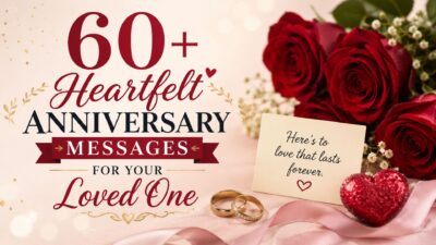 60+ heartfelt anniversary messages graphic with red roses, wedding rings, and a romantic love note
