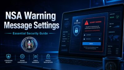 "A professional, high-tech 1920x1080 cover image for a cybersecurity guide. On the left, large white text reads 'NSA Warning Message Settings' with a cyan subtitle 'Essential Security Guide' below it. Underneath the text is a circular emblem of the National Security Agency (NSA) with the text 'United States of America'. On the right, a sleek laptop displays a futuristic security dashboard. The screen shows a prominent red 'SECURITY WARNING' box with text about authorized use and monitoring, a login interface with username and password fields, and various security metrics like 'System Status: Secure' and 'Threat Level: Low'. The background is dark blue with glowing cyan accents and cinematic lighting. At the bottom, four icons represent 'Strengthen Security', 'Secure Configuration', 'Threat Awareness', and 'Protect What Matters'."