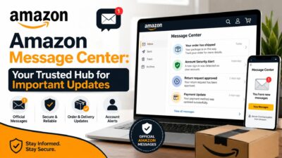 Amazon Message Center dashboard showing secure order updates, account alerts, and official Amazon messages