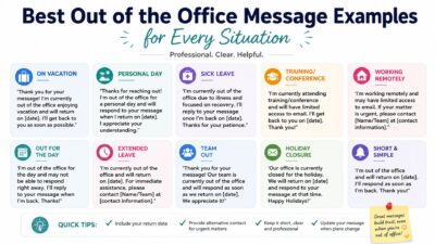 Best out of office message examples infographic for vacation, sick leave, remote work, holiday closure, and more