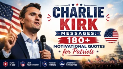 Charlie Kirk motivational quotes banner with American flag, patriotic crowd, and inspiring messages for patriots