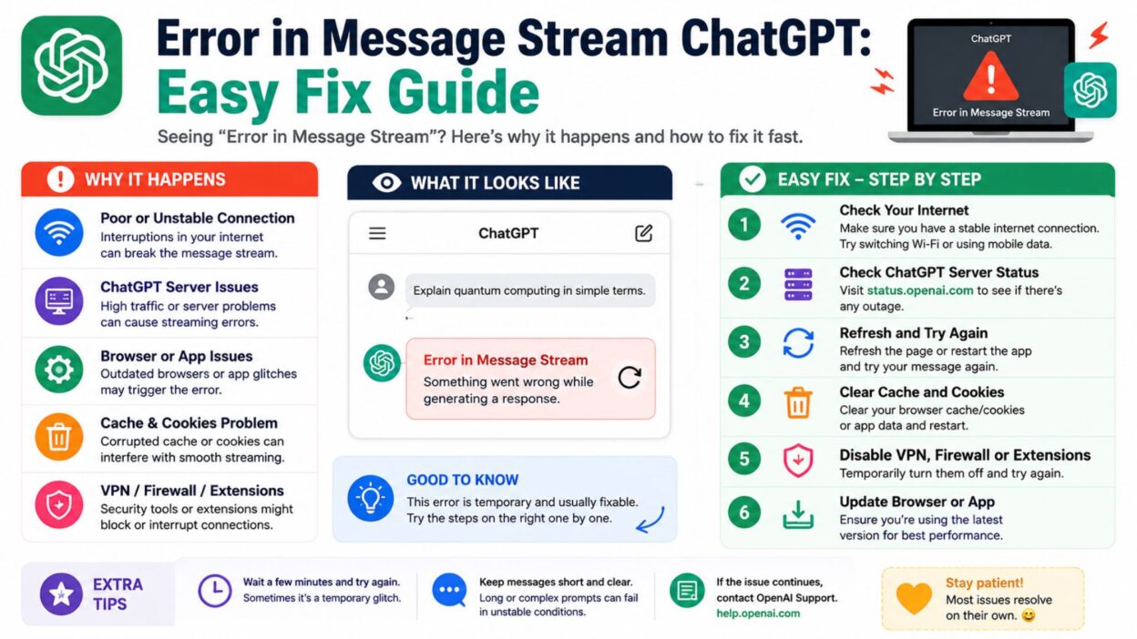 Infographic explaining Error in Message Stream ChatGPT with common causes and easy troubleshooting steps.