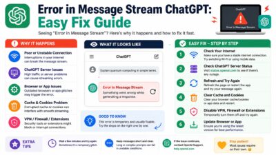 Infographic explaining Error in Message Stream ChatGPT with common causes and easy troubleshooting steps.