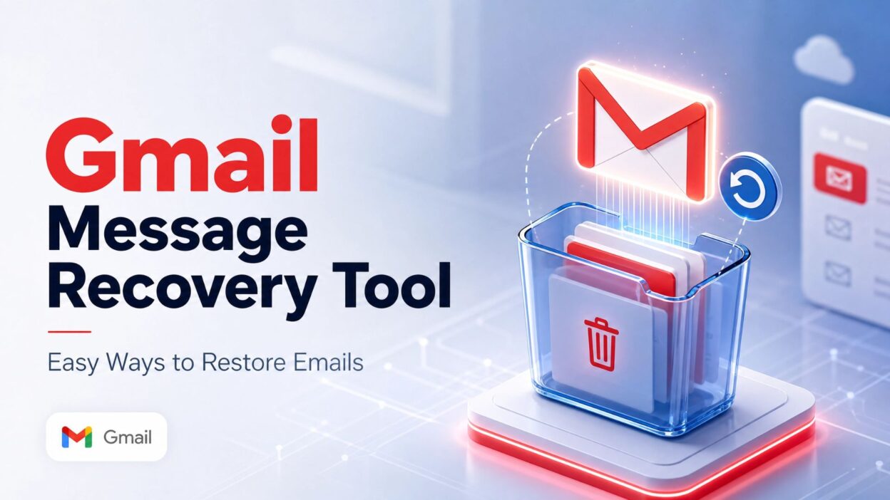 A professional 3D illustration showing a digital envelope being recovered from a translucent bin, representing Gmail message recovery.