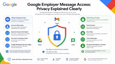 Infographic comparing Google employer access vs private content for Gmail, Drive, and Chat privacy.