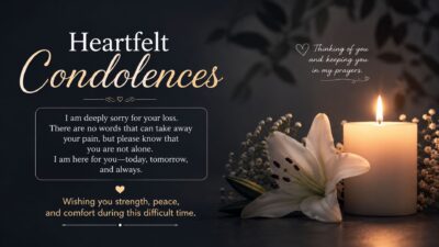 Heartfelt condolences message with a lit candle and white lily expressing sympathy, comfort, and support for a grieving friend.