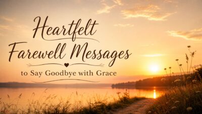 Heartfelt farewell messages graphic with sunset over lake, conveying grace and new beginnings.