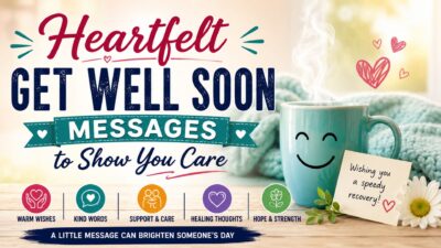 Heartfelt get well soon messages banner with healing wishes, warm tea mug, cozy blanket, and recovery card