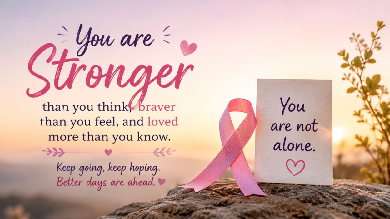Heartfelt cancer support message with pink ribbon and sunrise background symbolizing hope, strength, and recovery