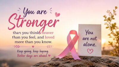 Heartfelt cancer support message with pink ribbon and sunrise background symbolizing hope, strength, and recovery