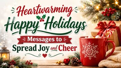 Heartwarming happy holidays message banner with festive decorations, gifts, lights, and a cozy holiday mug