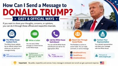 How to send a message to Donald Trump infographic showing official contact methods including mail, phone, and online options