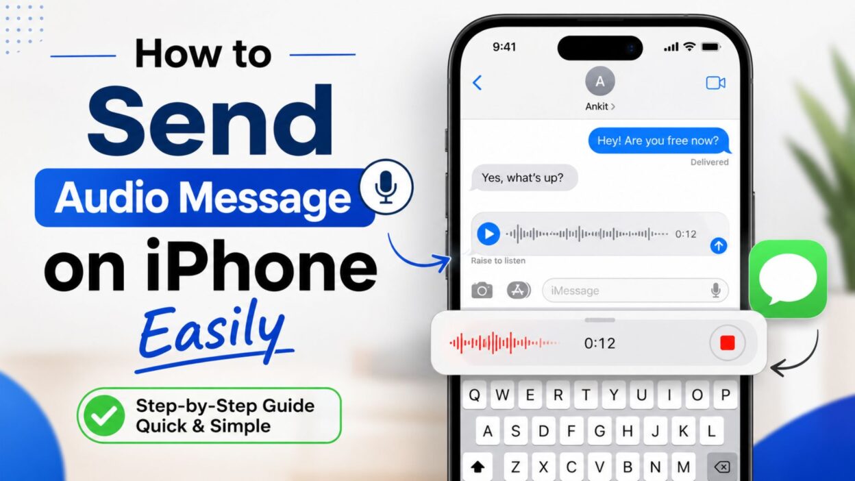 iPhone screen showing how to send an audio message in iMessage with microphone and voice recording icons