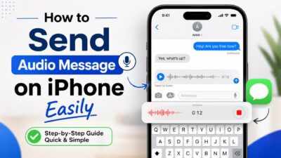 iPhone screen showing how to send an audio message in iMessage with microphone and voice recording icons