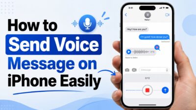 Hand holding an iPhone displaying a voice message screen in the Messages app with the title "How to Send Voice Message on iPhone Easily."