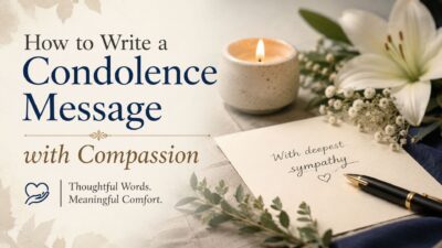 Compassionate condolence message writing guide with candle, flowers, and sympathy card in a calming memorial setting