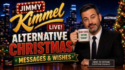 Jimmy Kimmel with a mug, "Alternative Christmas Messages & Wishes" in late-night show style, festive city background.