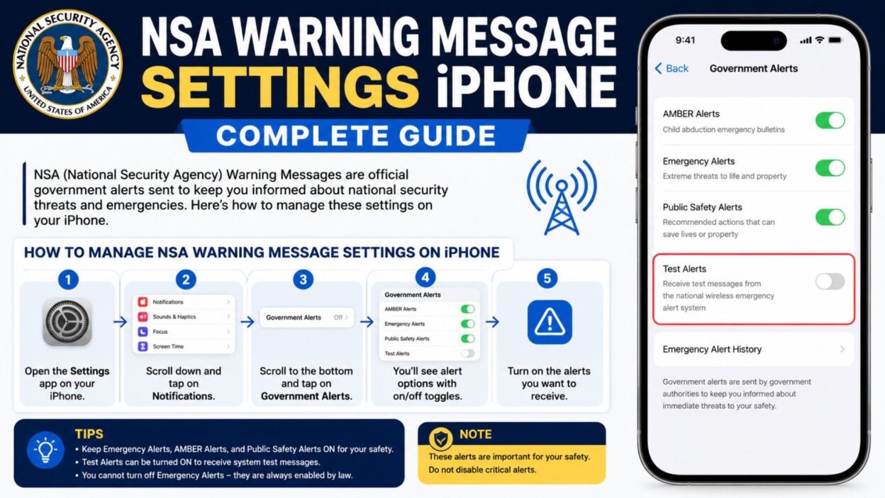 NSA warning message settings on iPhone showing government alerts menu and step-by-step alert management guide
