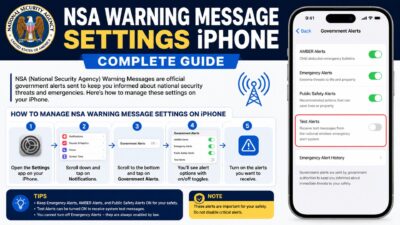 NSA warning message settings on iPhone showing government alerts menu and step-by-step alert management guide