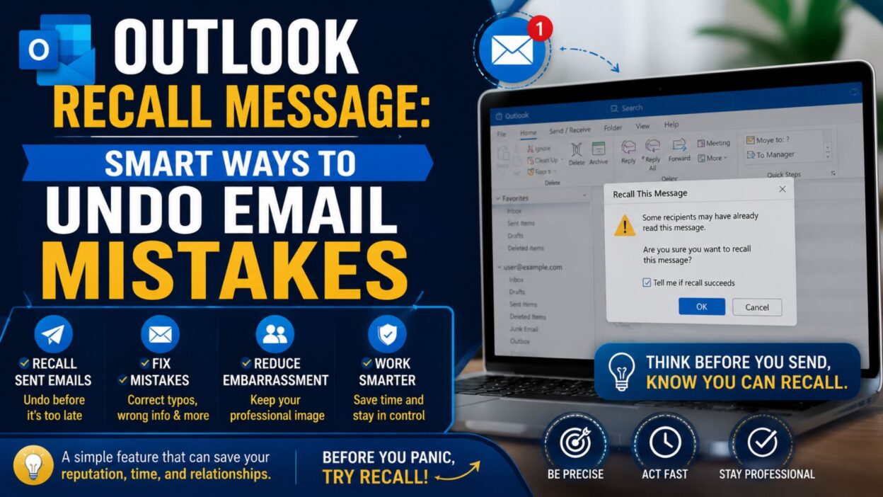 Outlook Recall Message infographic showing how to undo email mistakes with Microsoft Outlook on a laptop.