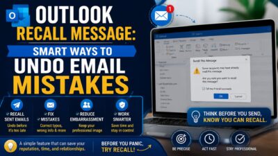 Outlook Recall Message infographic showing how to undo email mistakes with Microsoft Outlook on a laptop.