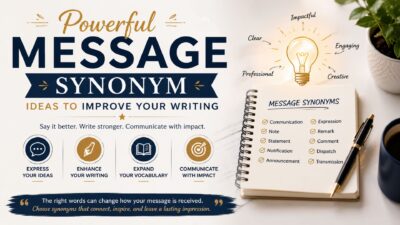 Powerful message synonym ideas with writing notebook, vocabulary tips, and communication word alternatives