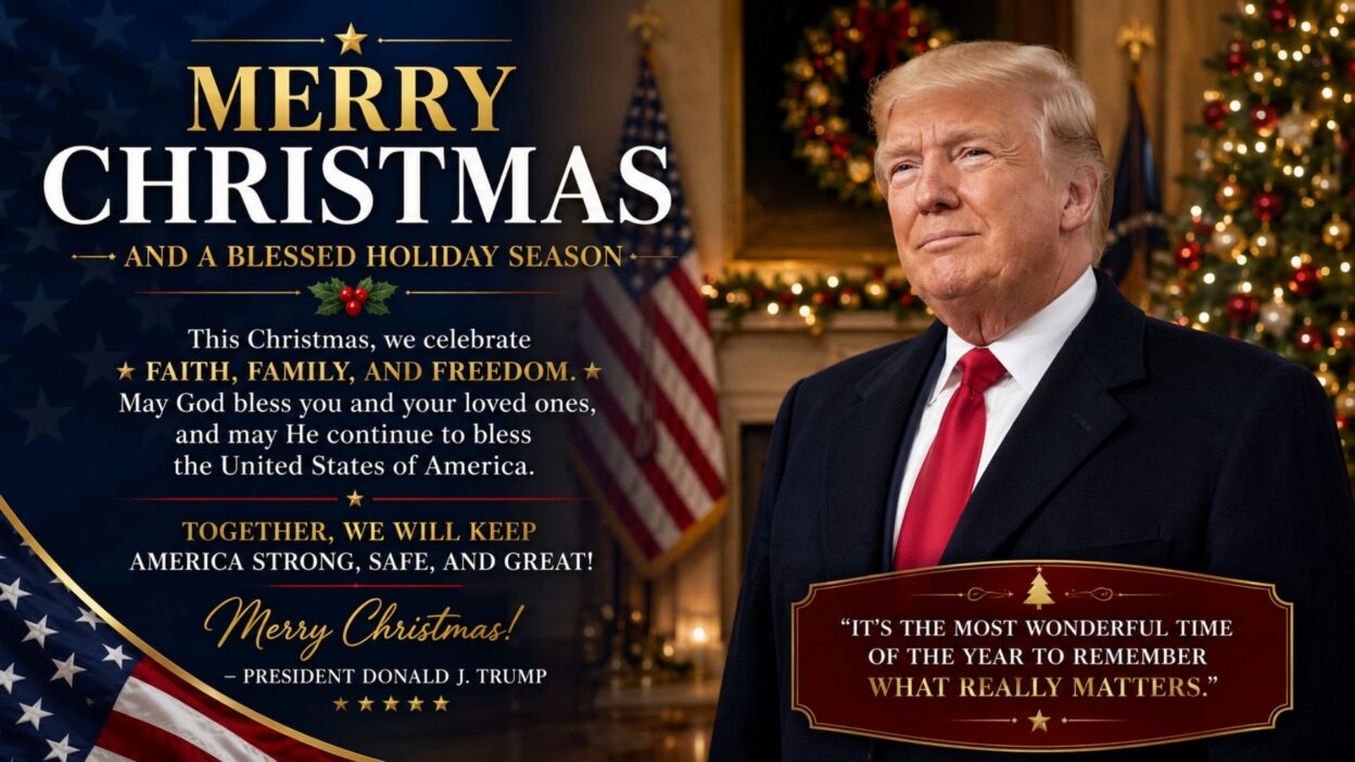 Donald Trump Christmas message with festive decorations, American flags, and holiday greetings celebrating faith, family, and freedom.