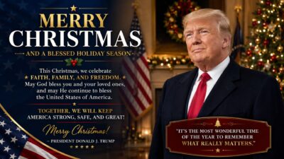 Donald Trump Christmas message with festive decorations, American flags, and holiday greetings celebrating faith, family, and freedom.
