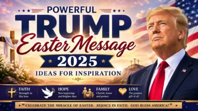 Trump Easter Message 2025 inspiration banner with Easter cross, American flag, faith symbols, and holiday message