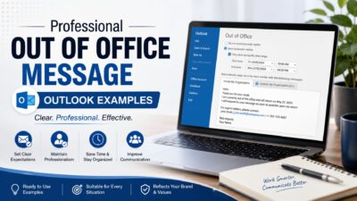 Professional Outlook out of office message examples displayed on laptop with email auto-reply settings and office workspace