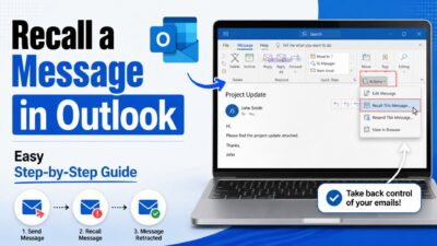 Recall a message in Outlook easy step-by-step guide with Outlook interface and email recall tutorial illustration.