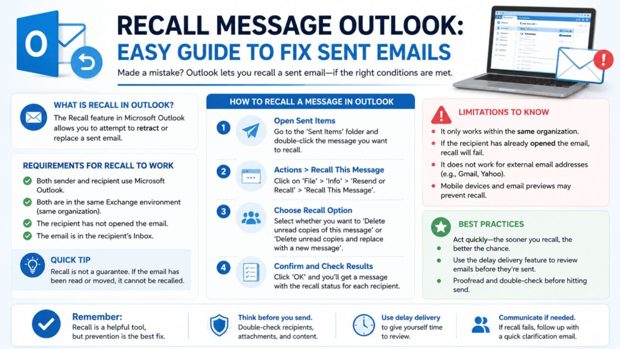 Recall Message Outlook guide infographic showing steps to recall sent emails and fix email mistakes professionally