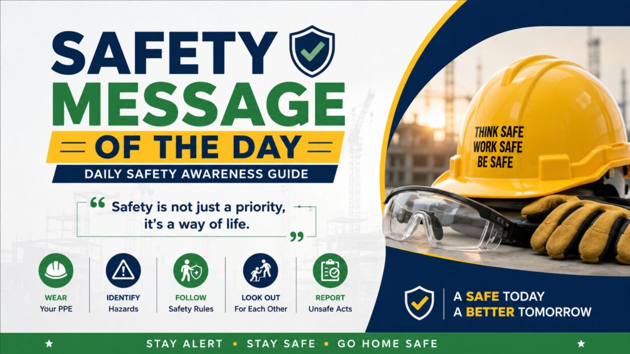 Safety Message of the Day poster featuring a hard hat, safety gear, and daily workplace safety awareness tips.