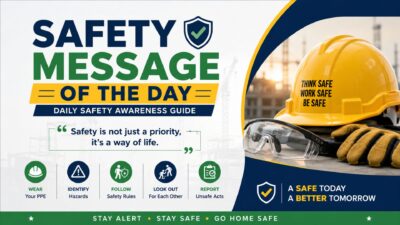 Safety Message of the Day poster featuring a hard hat, safety gear, and daily workplace safety awareness tips.