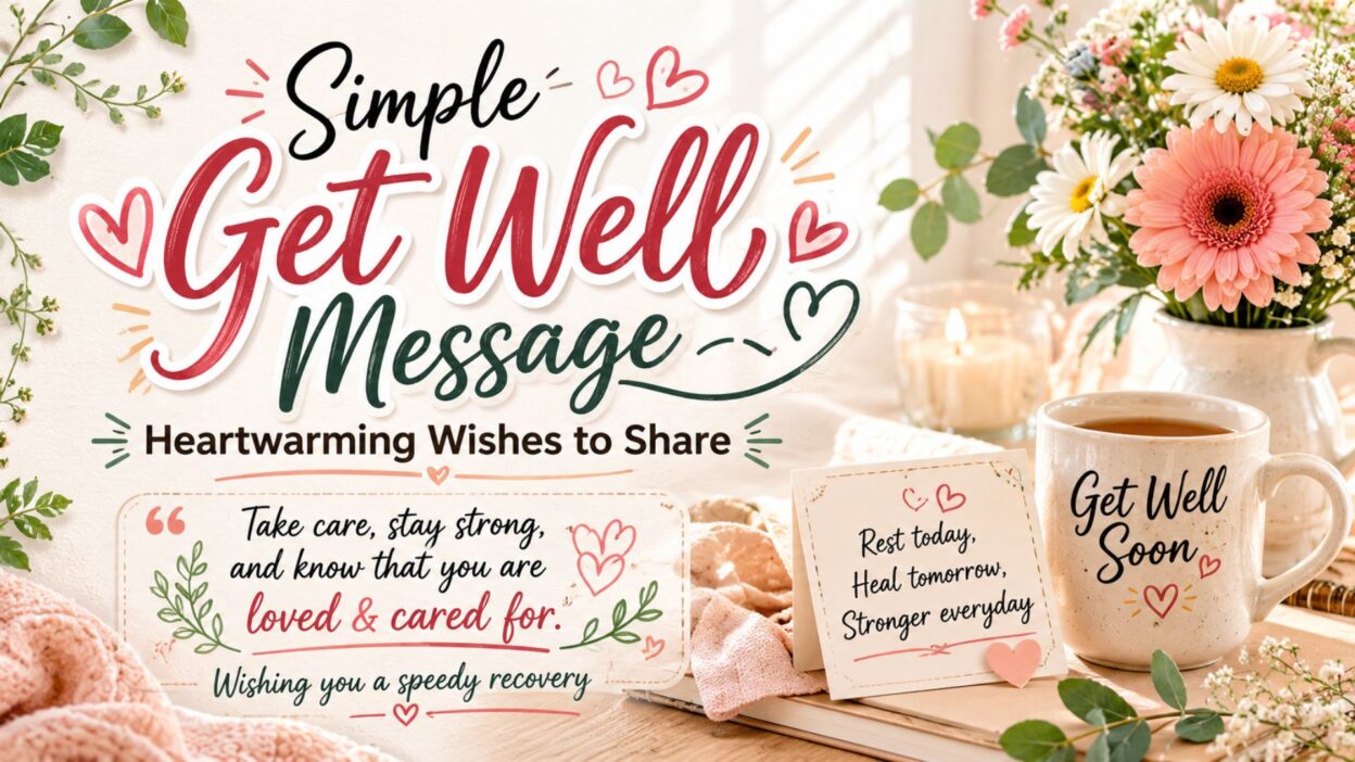 Heartwarming get well message graphic with flowers, tea mug, and comforting recovery wishes in a cozy setting
