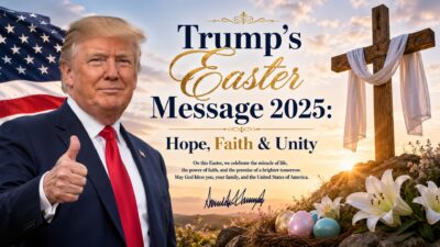 Donald Trump Easter Message 2025 banner with cross, American flag, lilies, and sunrise symbolizing faith and unity