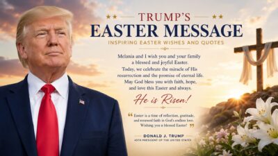 Trump's Easter message banner with inspiring Easter wishes, Christian cross, lilies, and sunrise symbolizing hope and resurrection.