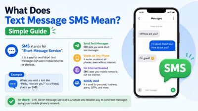 What Does Text Message SMS Mean? Simple guide infographic explaining SMS, mobile texting, and how text messages work