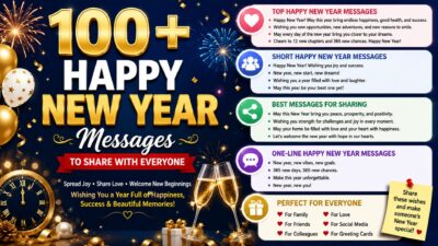 100+ Happy New Year messages with festive fireworks, champagne, and celebration theme for cards, texts, and social media.