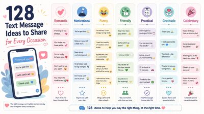 Infographic guide for 128 text message ideas categorized by occasion like romantic, funny, and motivational messages.