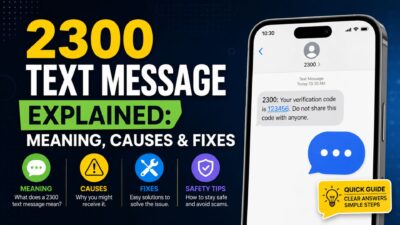 2300 text message explanation infographic showing SMS notification, phone alert, message meaning, causes, and troubleshooting tips