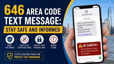 646 area code text message scam awareness banner showing a phone with a suspicious text and safety tips to avoid fraud.