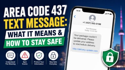 Area code 437 text message safety guide with smartphone showing a suspicious text and security icons against a Toronto skyline