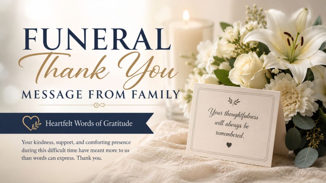 Funeral thank you message from family with white flowers, candle, and heartfelt gratitude card in a peaceful memorial setting.