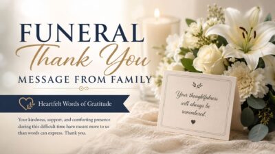 Funeral thank you message from family with white flowers, candle, and heartfelt gratitude card in a peaceful memorial setting.
